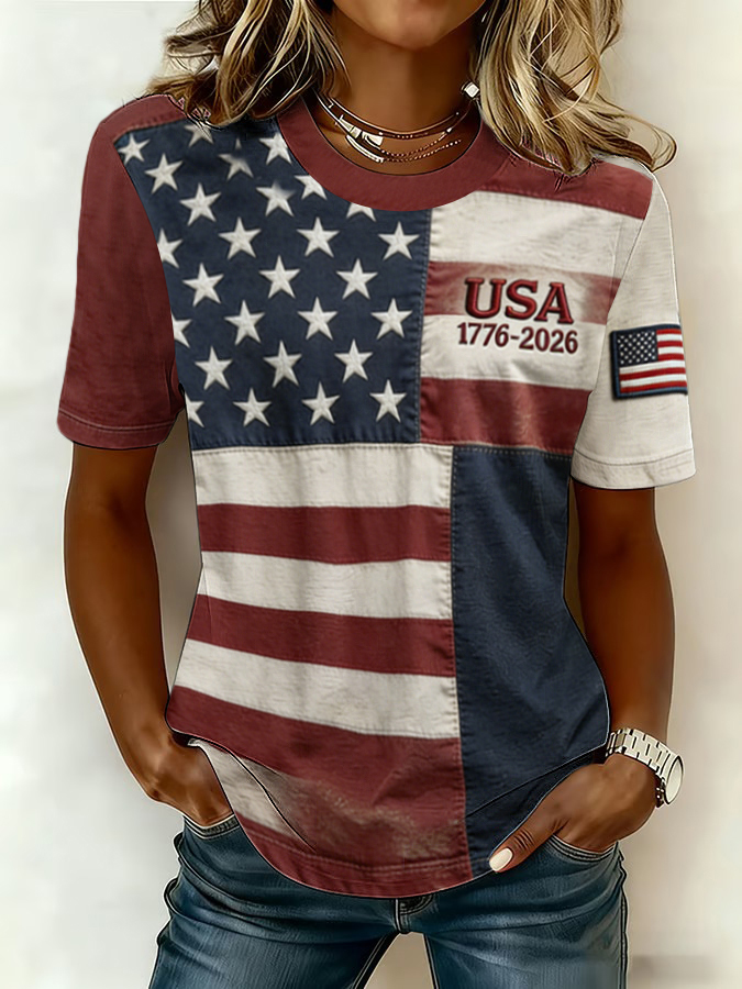 Women'S Retro American Independence Day 250Th Anniversary Printed Round Neck Short Sleeved T-Shirt