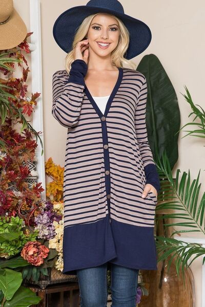 Celeste Full Size Striped Button Up Long Sleeve Cardigan