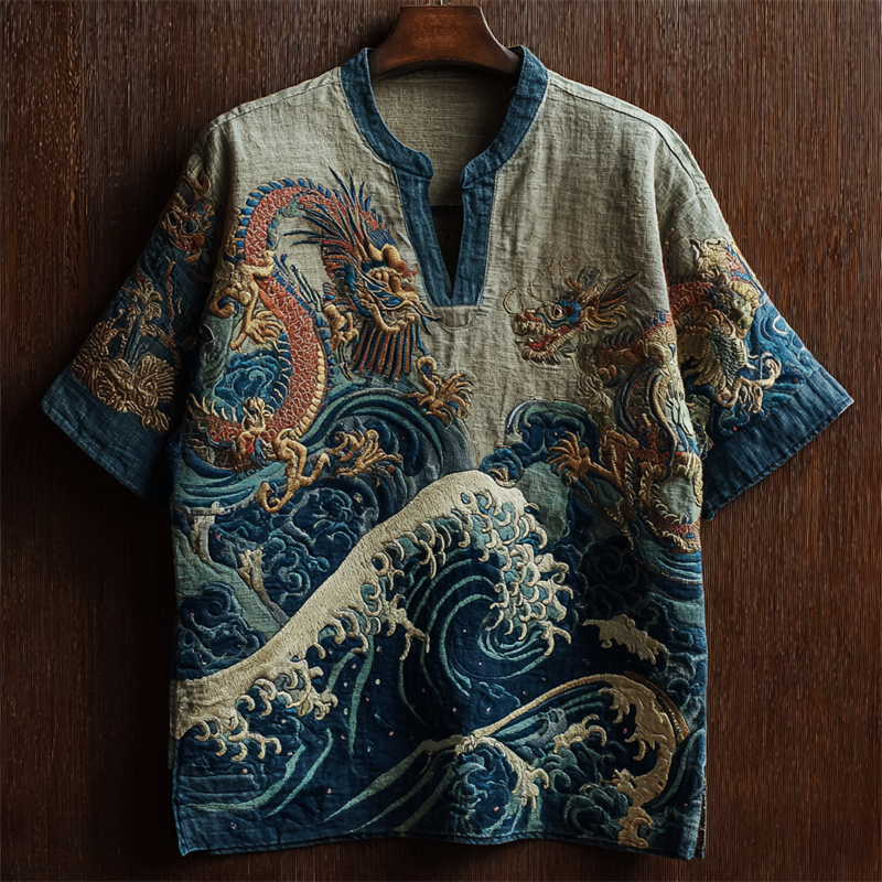 Sea Waves & Dragons Japanese Embroidered Linen Shirt