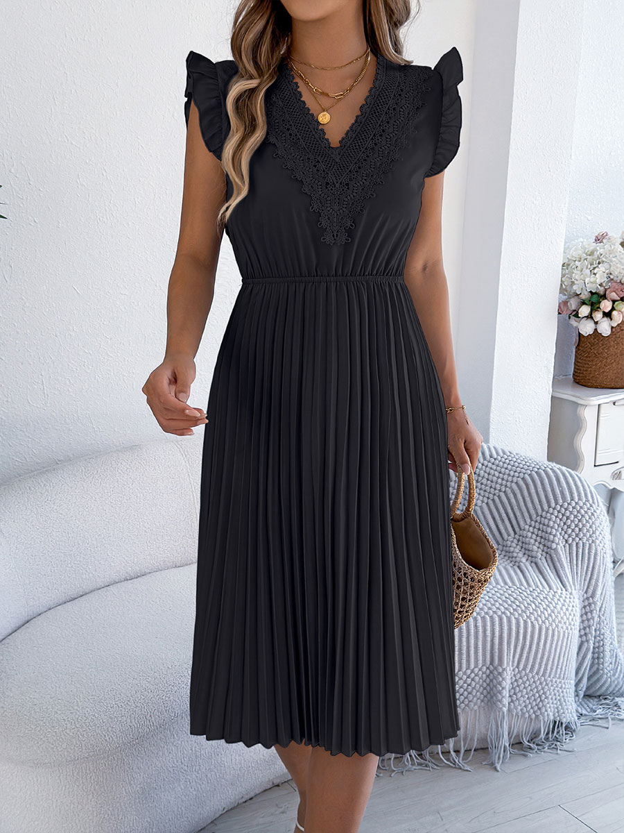 Women's Casual Lace V-neck Ruffled Pleated Dress