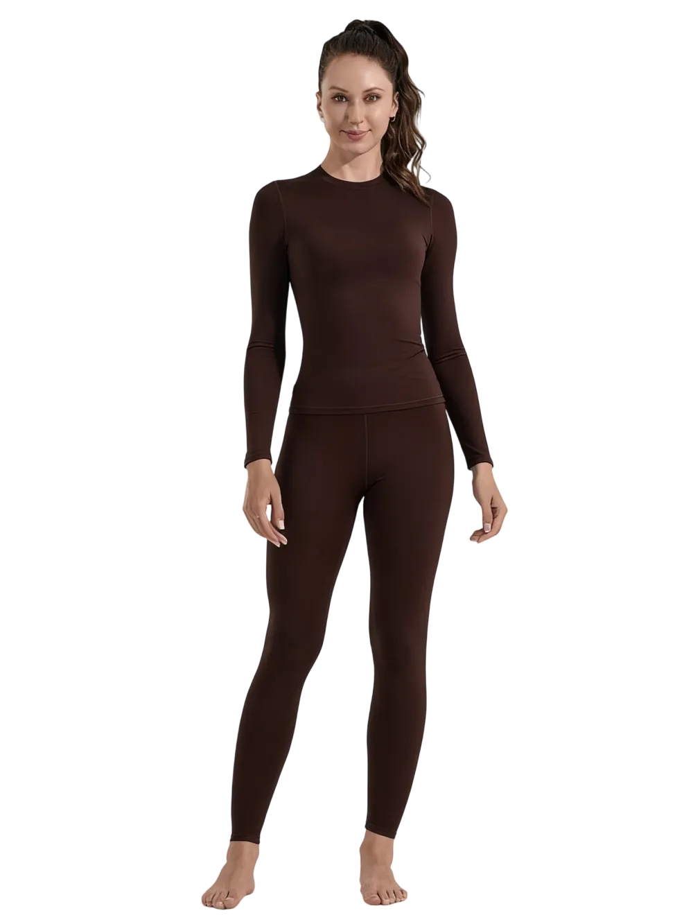 Women's Solid Long Sleeve Tee & High Waist Leggings Sportswear Set