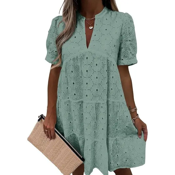 Women’s Summer Lace Dresses Eyelet Casual Flowy Babydoll Swing Short Sleeve V Neck Tunic Dress