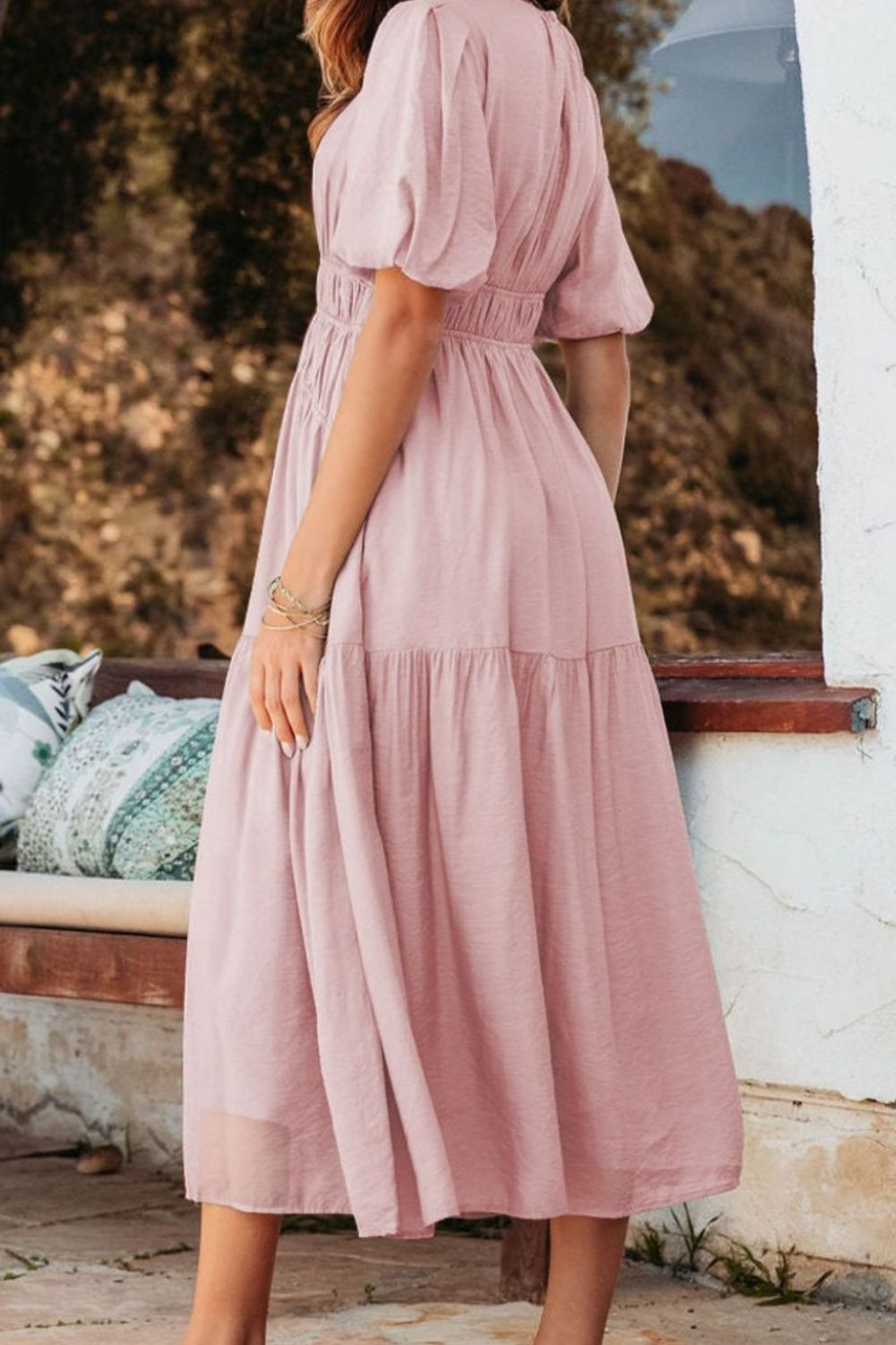Puff Sleeve Pleated High Waist Flowy Midi Dress