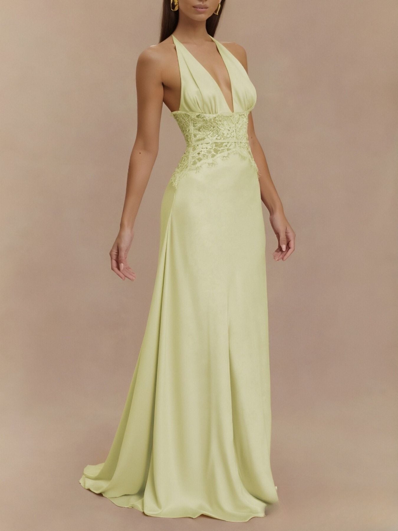 Halter Neck Lace Trimmed Maxi Dress