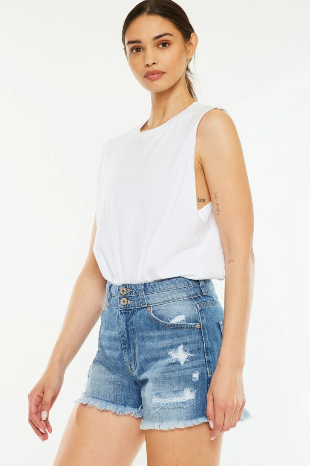 High Rise Raw Hem Denim Shorts by Kancan