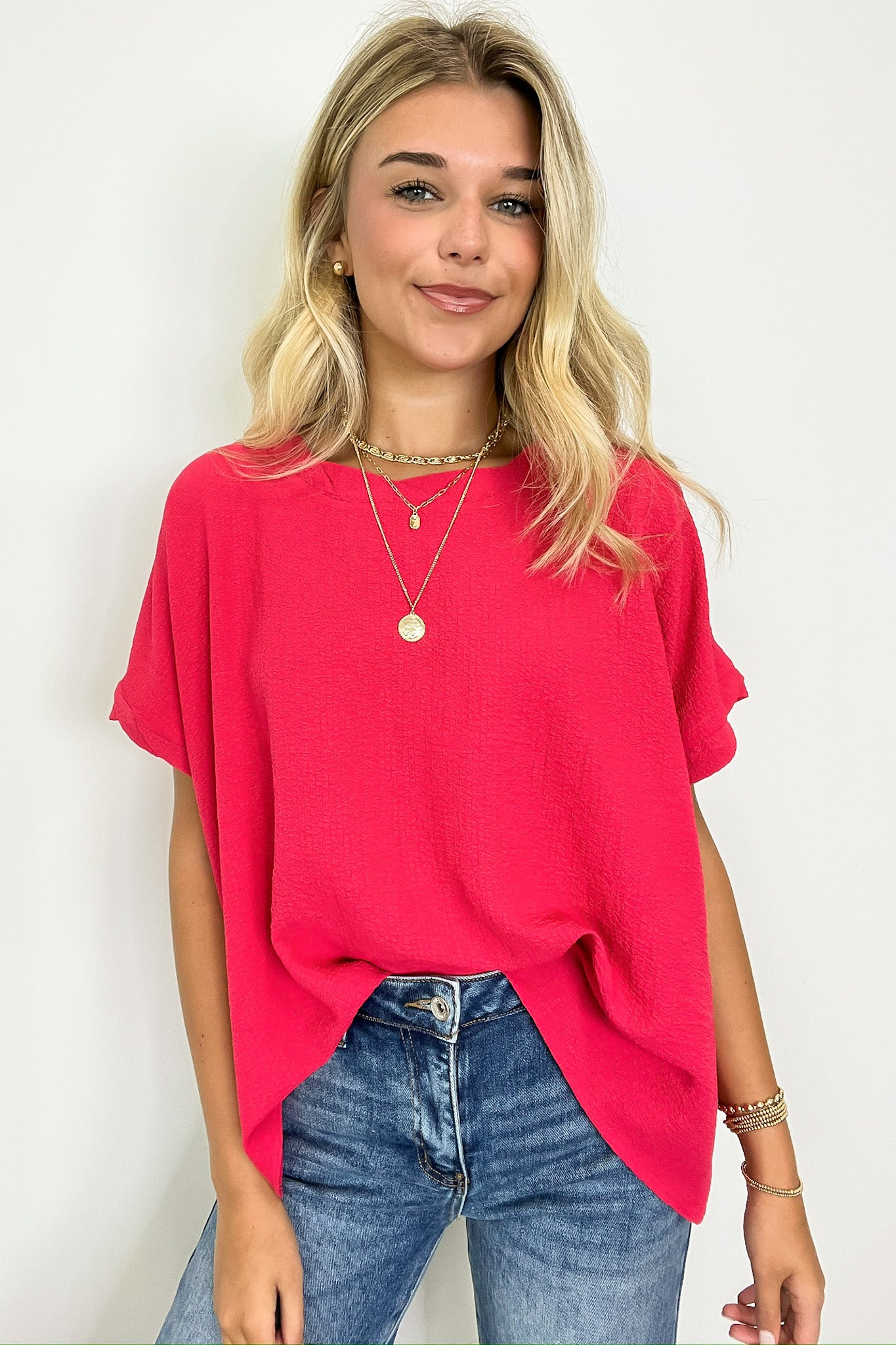 Woven Round Neck Flowy Top