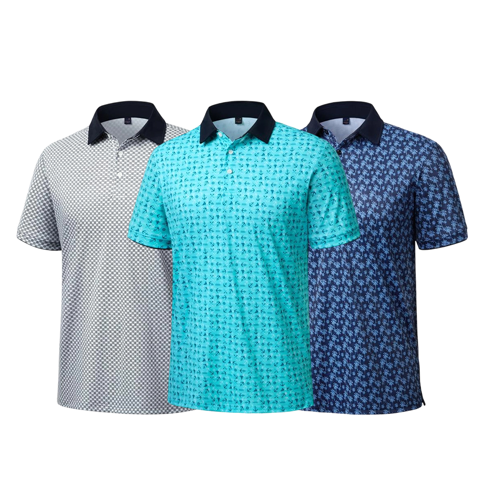 Mens Golf Polo Shirts Short Sleeve Dry Fit Moisture Wicking Casual Tennis Polos Print Collared Shirt