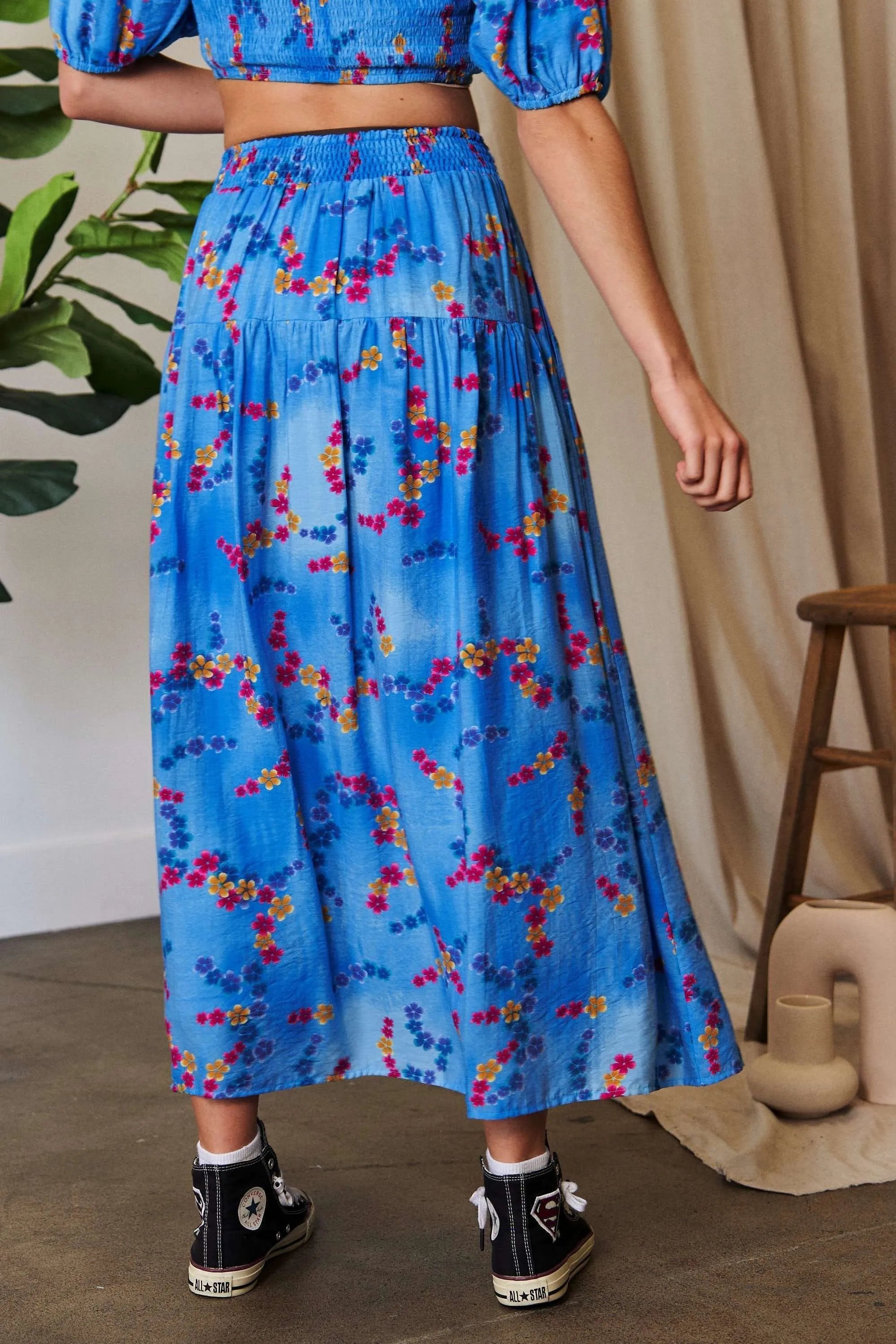 Printed Smocking Waistband Ruffled Maxi Skirt