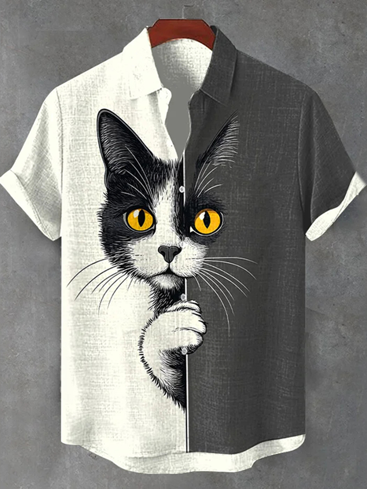 Men's  The Peeping Cat Colorblock Art Casual Short Sleeve Shirts