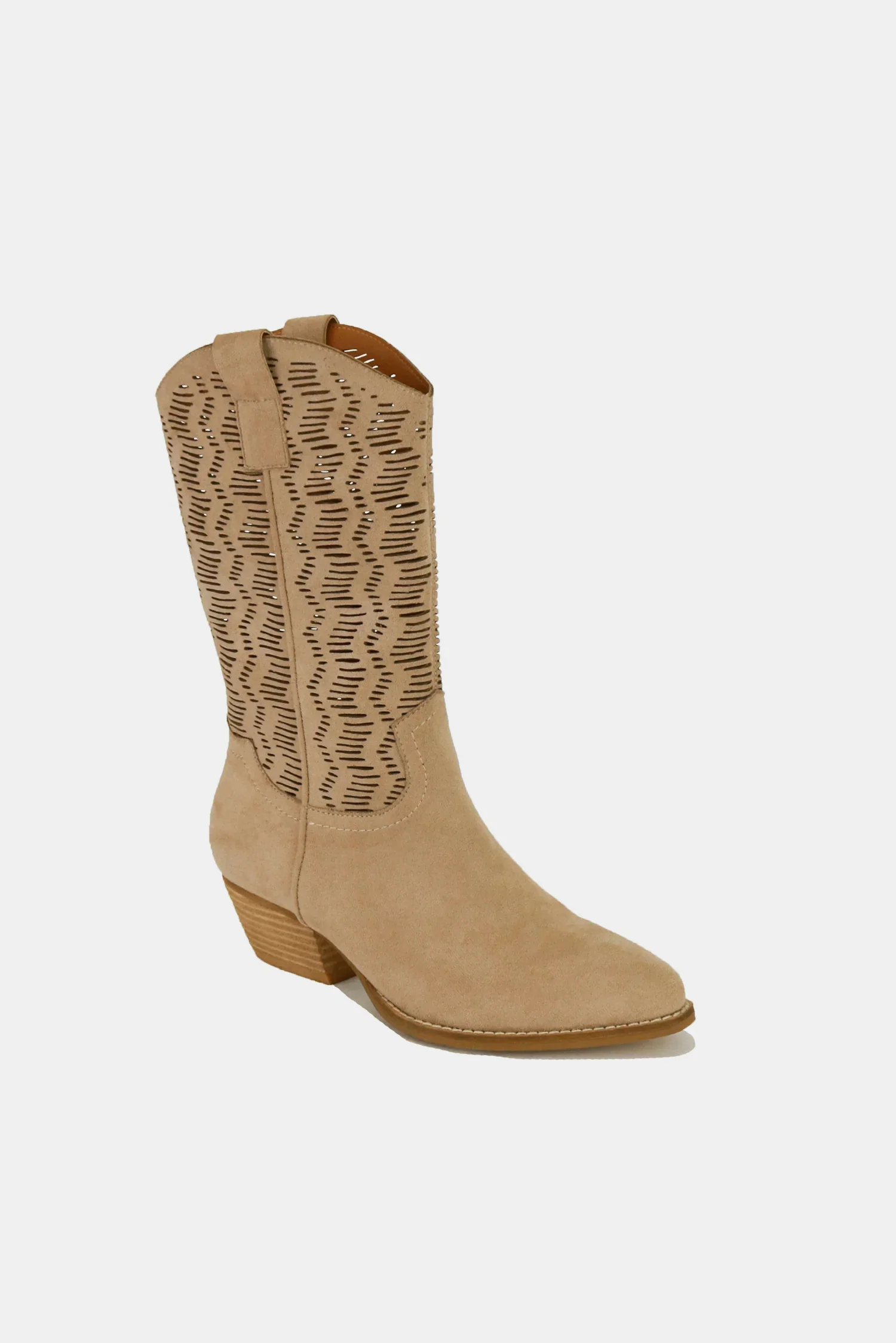 Faux Suede Laser Cut Detail Block Heel Boots in Tan