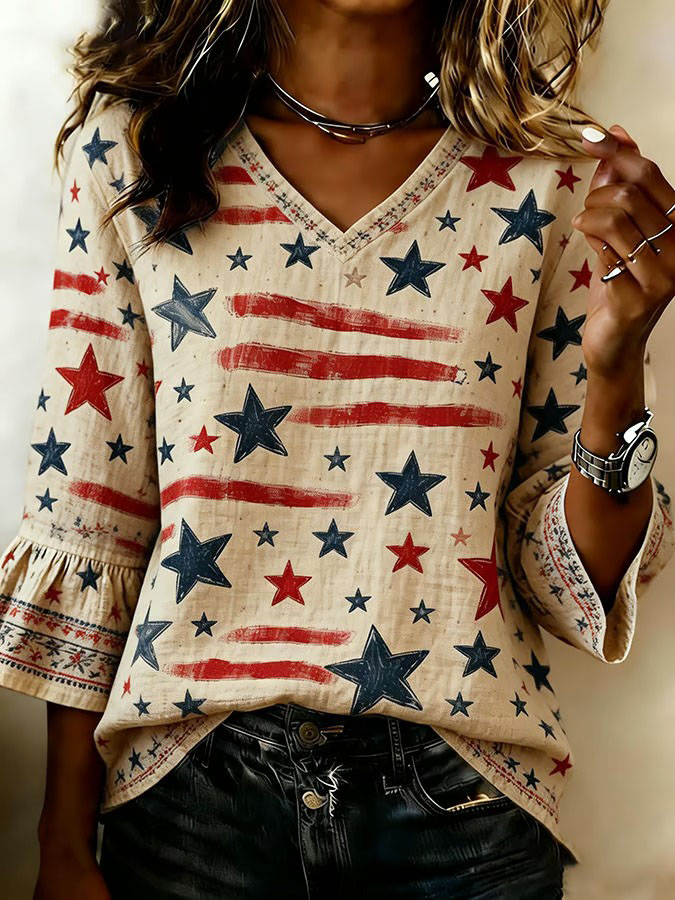 Women'S Casual Retro Independence Day Flag Printed Top