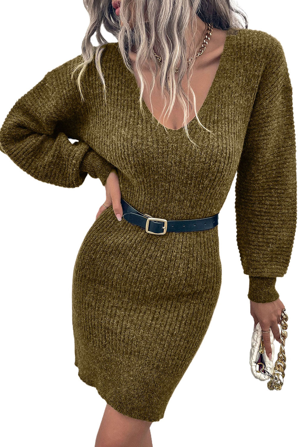 Pink V Neck Bodycon Sweater Dress
