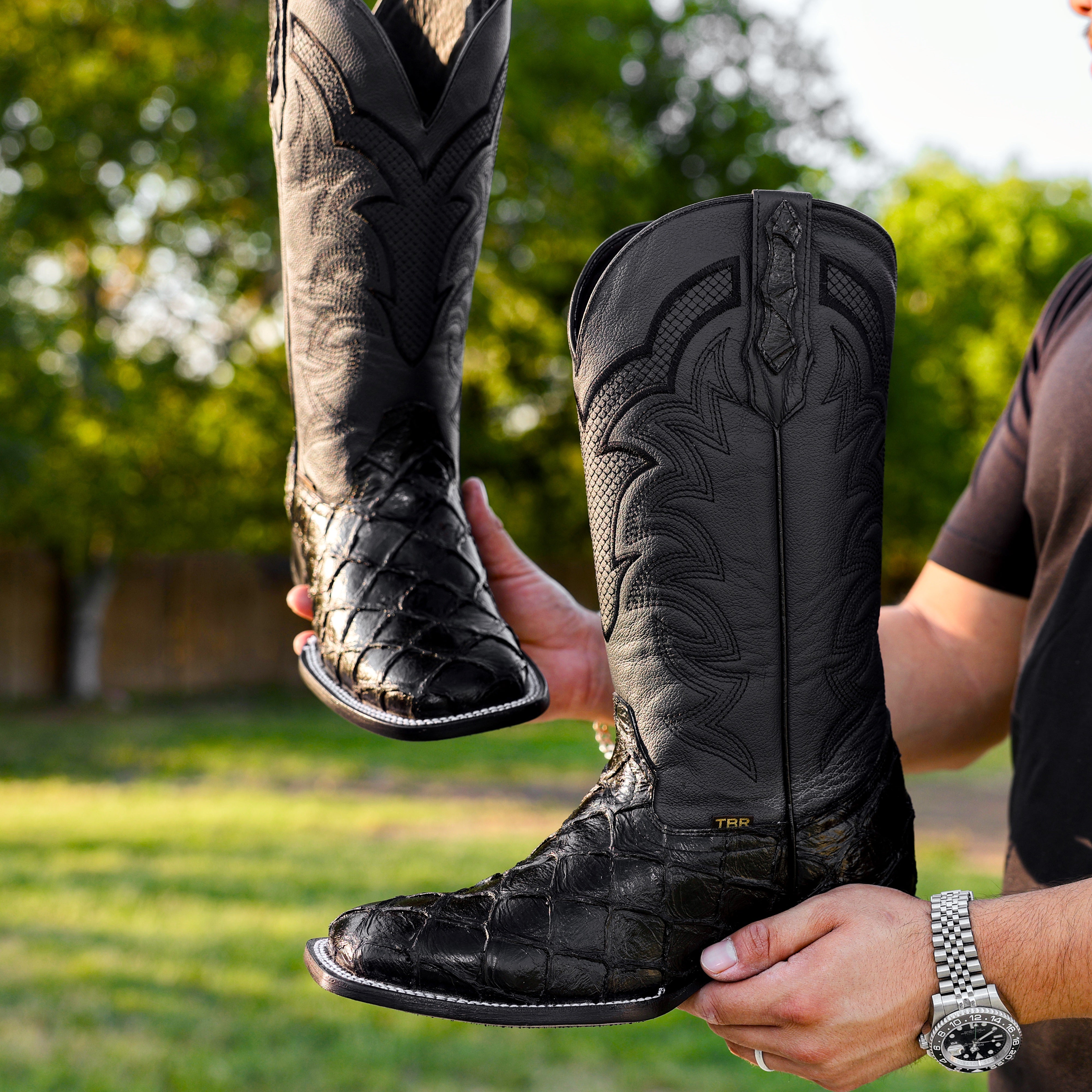 Black Pirarucu Leather Boots - Square Toe