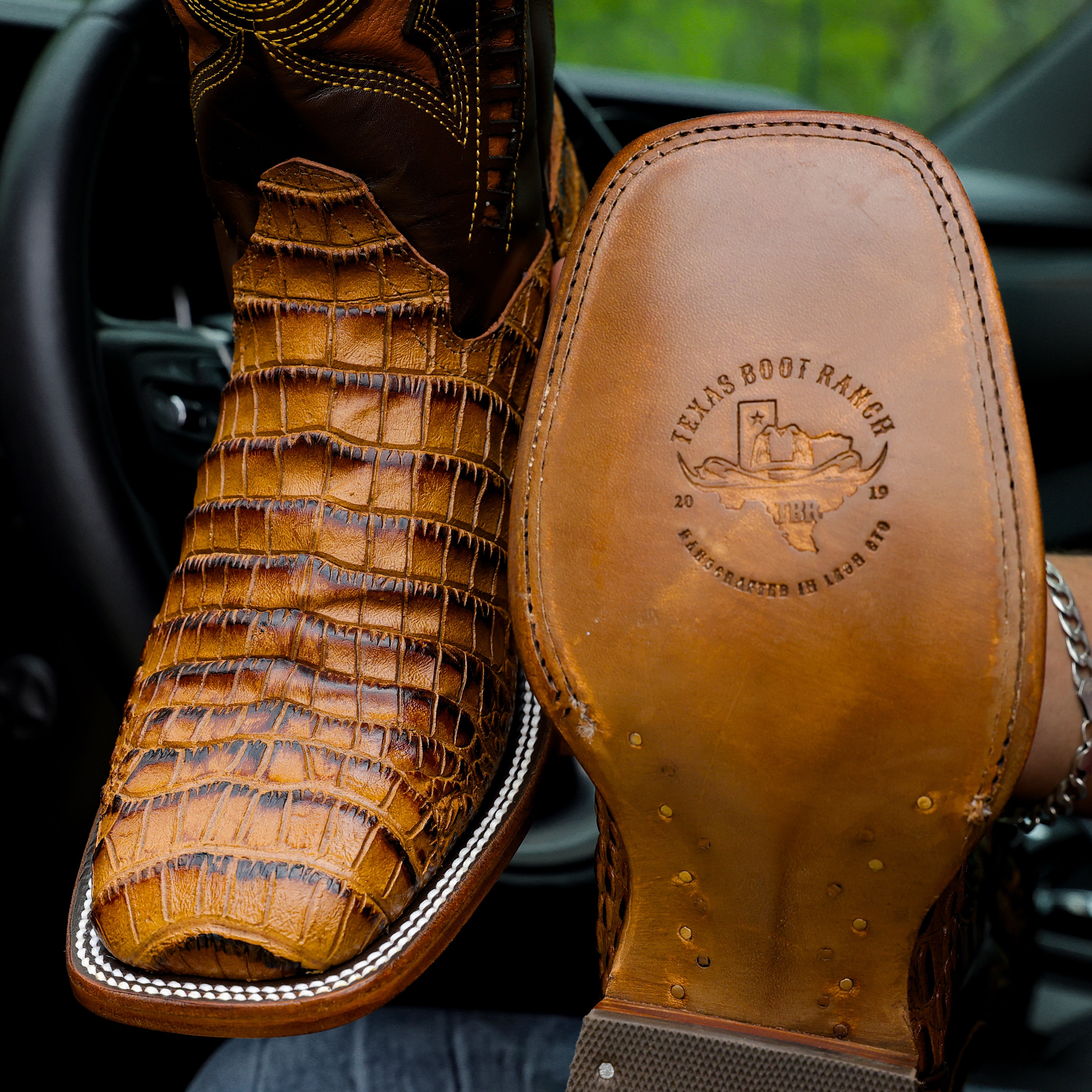 Honey Caiman Belly Leather Boots - Square Toe
