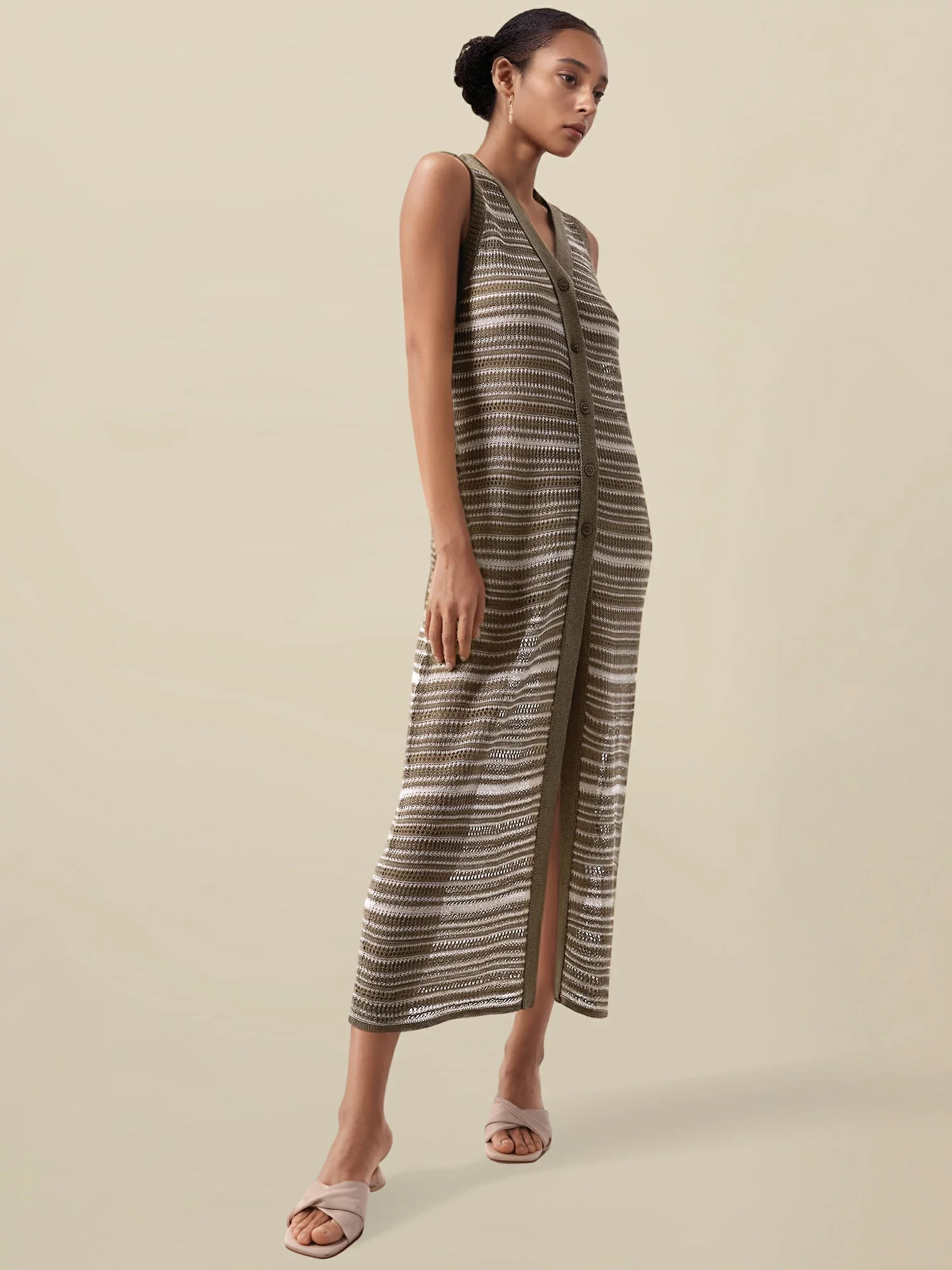 Lyocell V-Neck Sleeveless Striped Dress