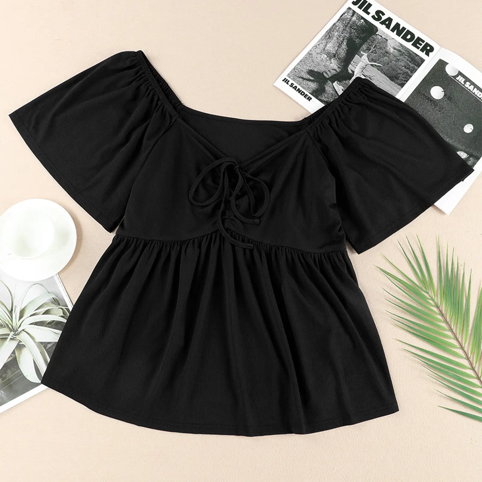 Women Plus Size Sweetheart Neck Short Sleeve Shirred Peplum Blouse Tops Shirts(1X-5X)