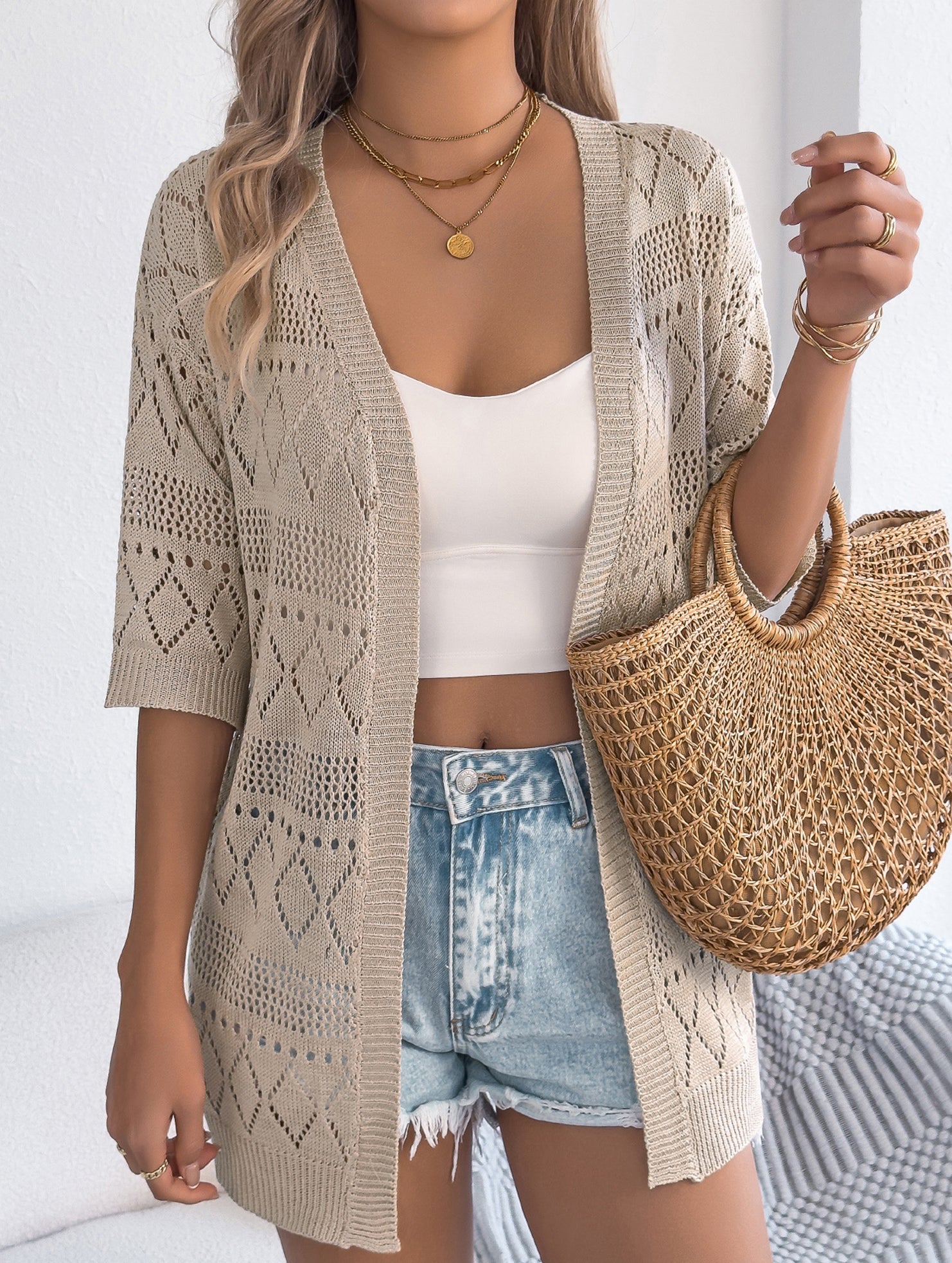 Solid Hollow Mid Sleeve Knit Cardigan
