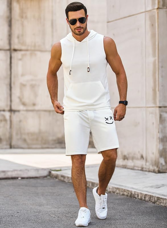 Men's Hoodie Short Set Workout Hooded Tank Top Solid Color 2 Piece Outfit Summer Sleeveless Tracksuits