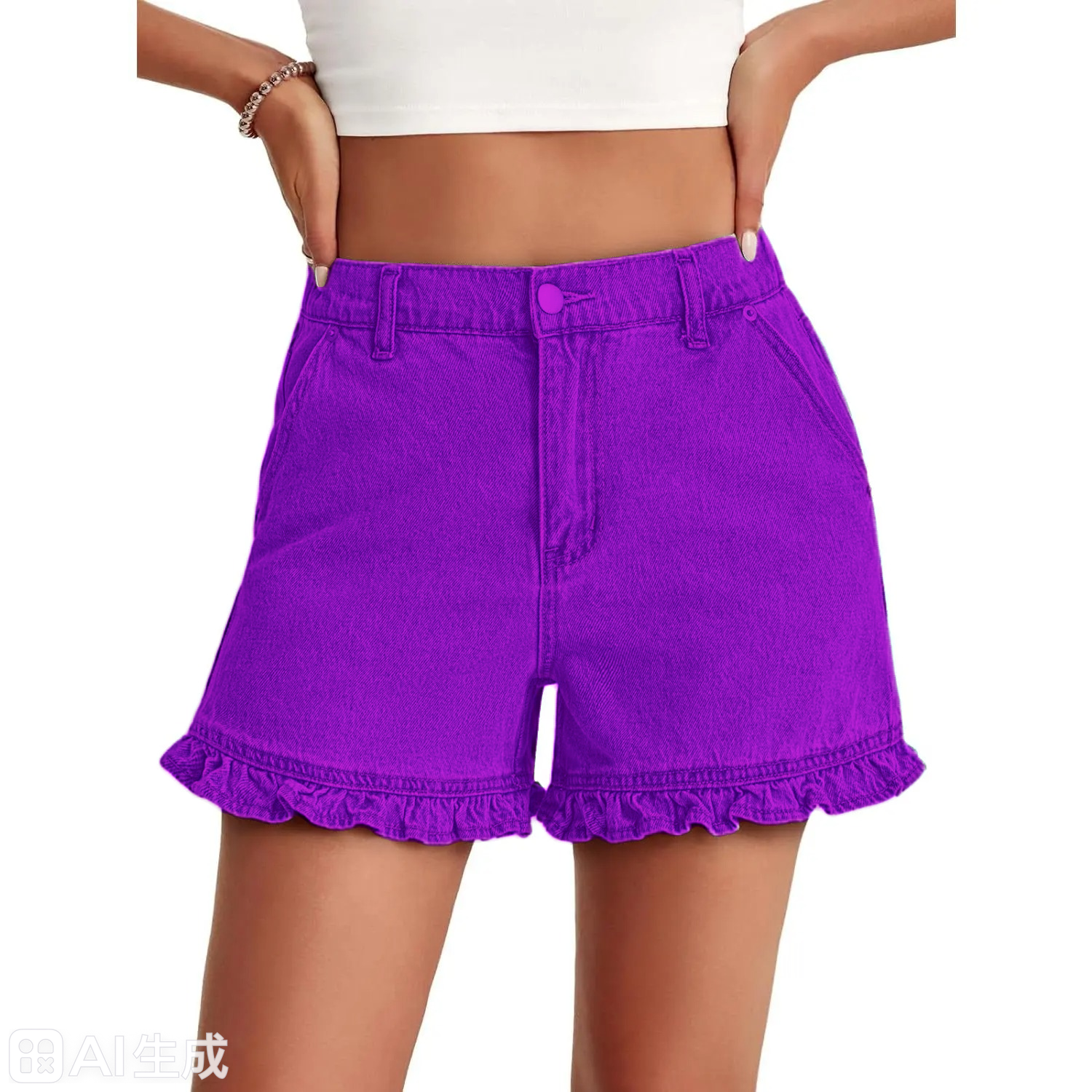 Cute High Waisted Denim Shorts with Ruffle Hem for Women -