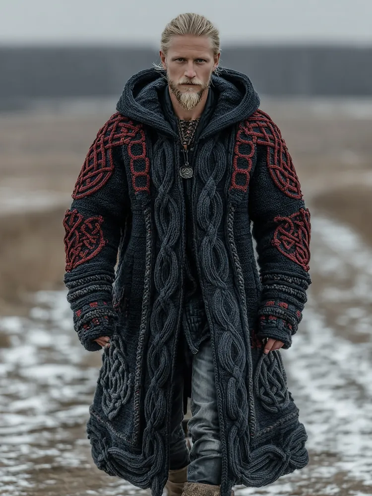 Men's Viking Intricate Celtic Knot Colorblock Pocket Mid-length Cardigan Sweater