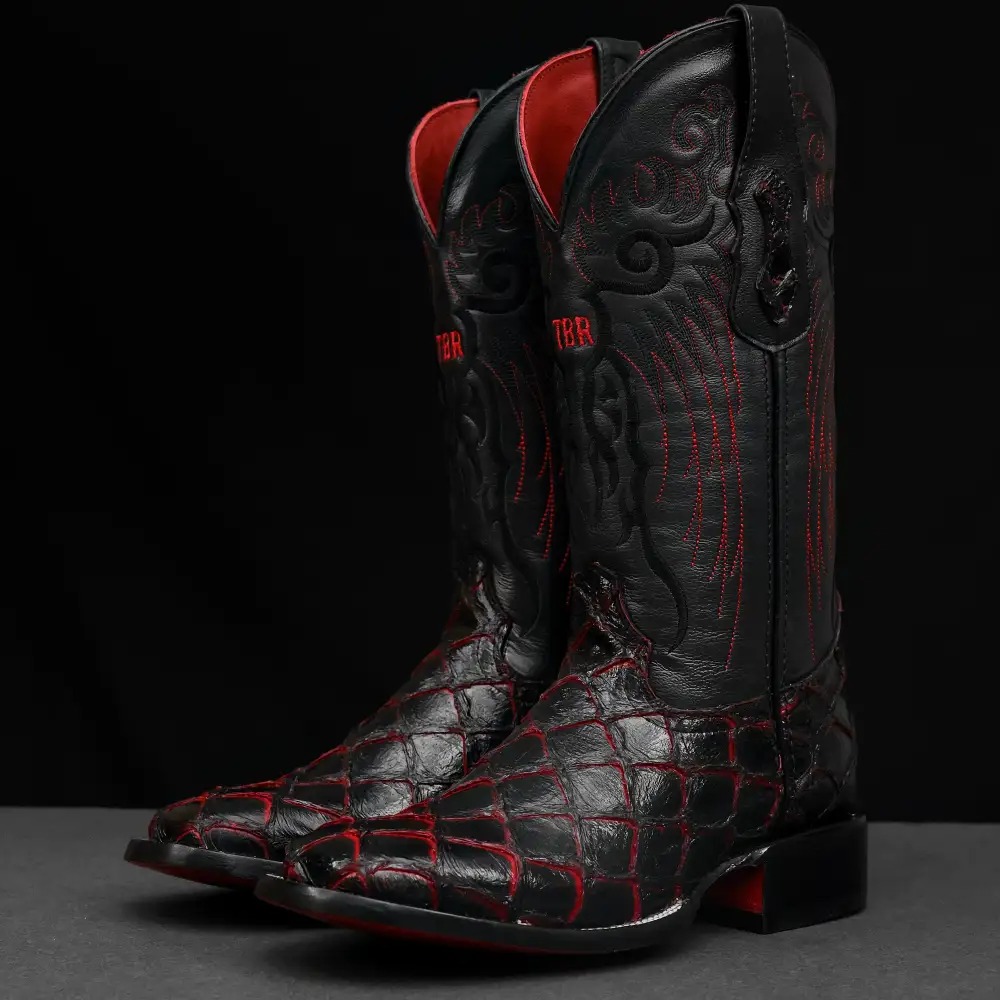 Black/Red TBR Pirarucu Leather Boots - Square Toe