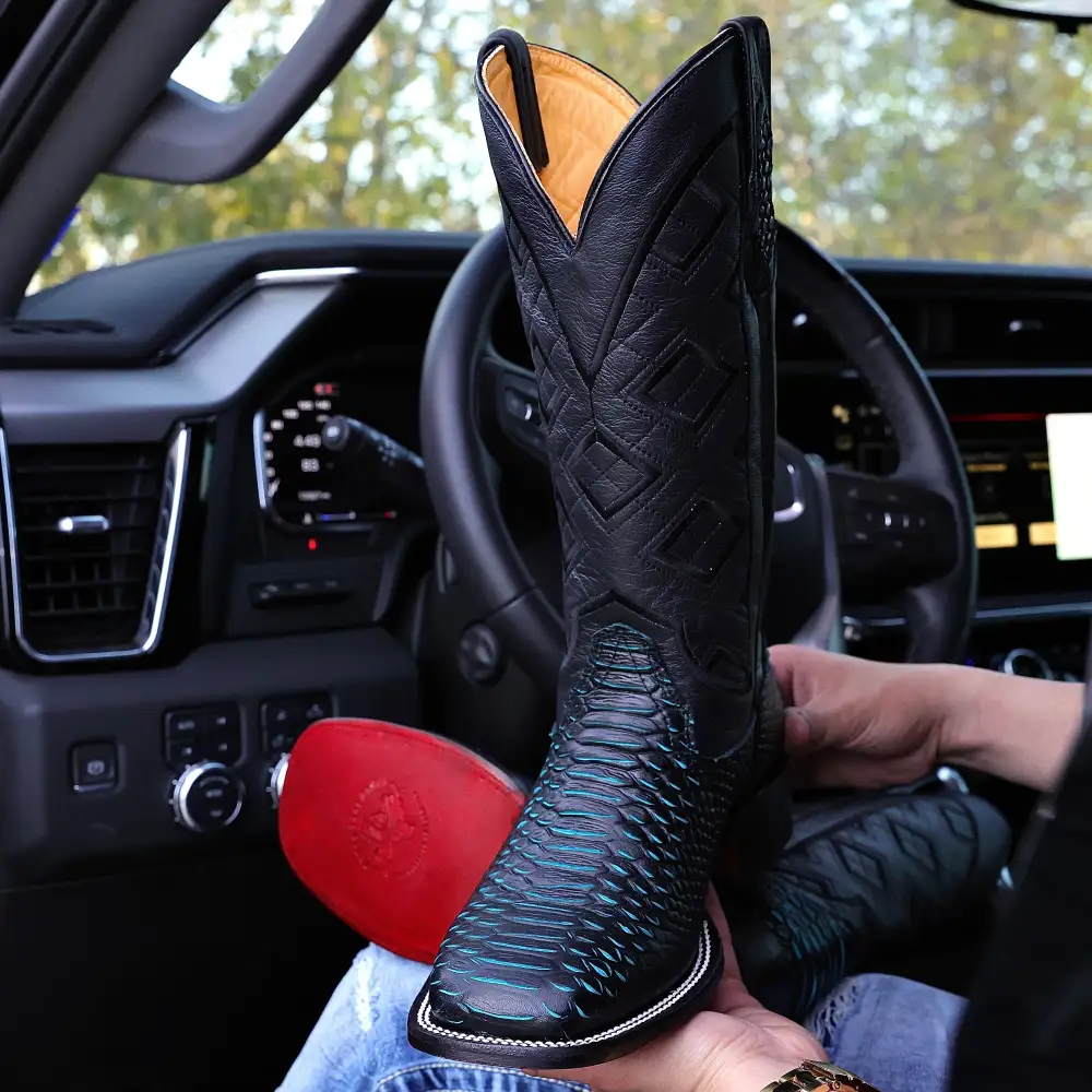 Black & Aqua Python Leather Boots - Square Toe