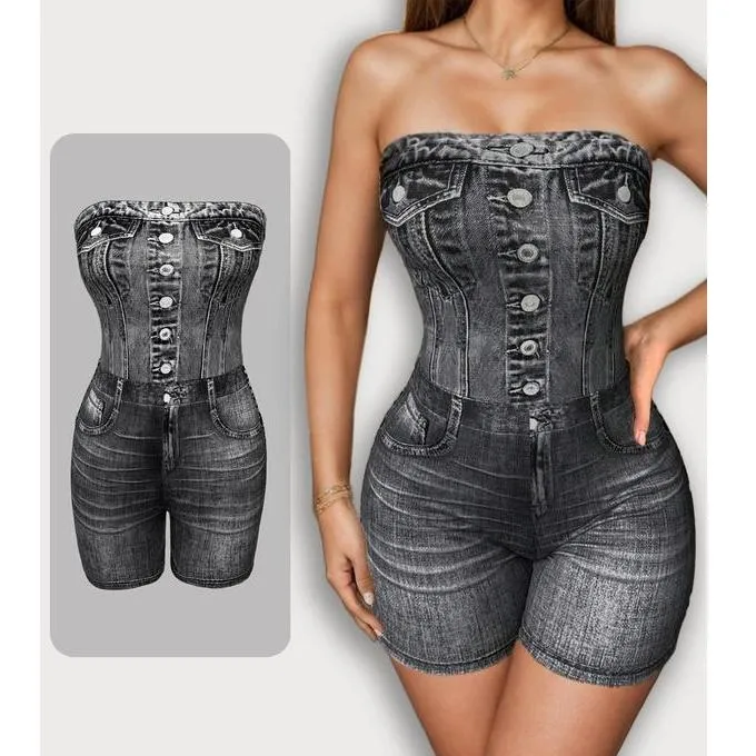 Women's Denim-effect Print Tube Romper