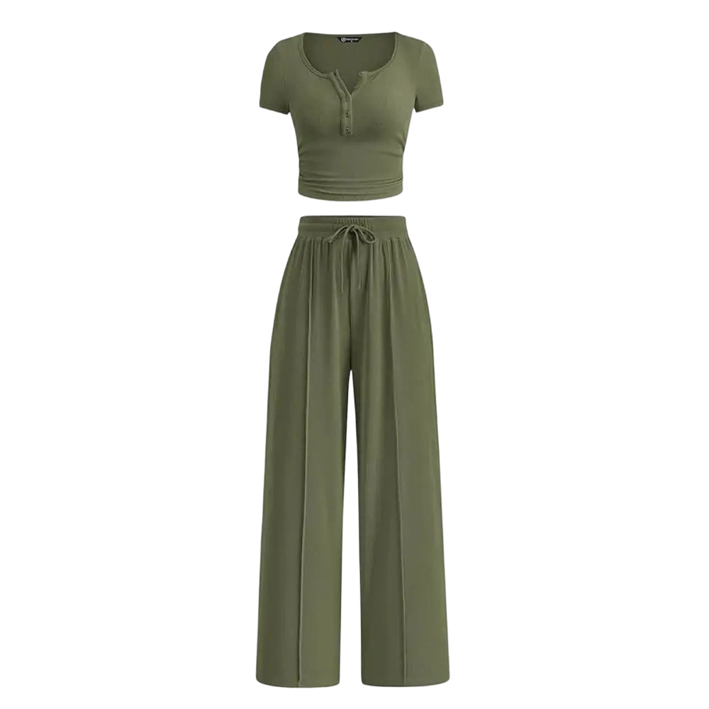 🔥Women’s Ribbed Knit 2-Piece Lounge Set – Button Crop Top & Wide Leg Pants