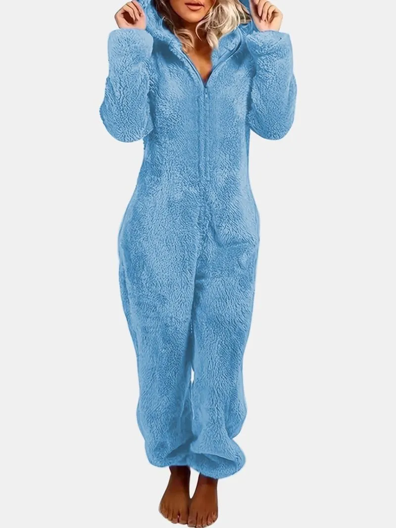 Women's Solid Zipper Hooded Plush Pajama Jumpsuit