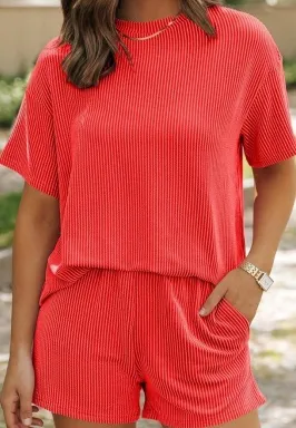 Women's Solid Twisted Ribbed Knit Textured Pocket Shorts Set