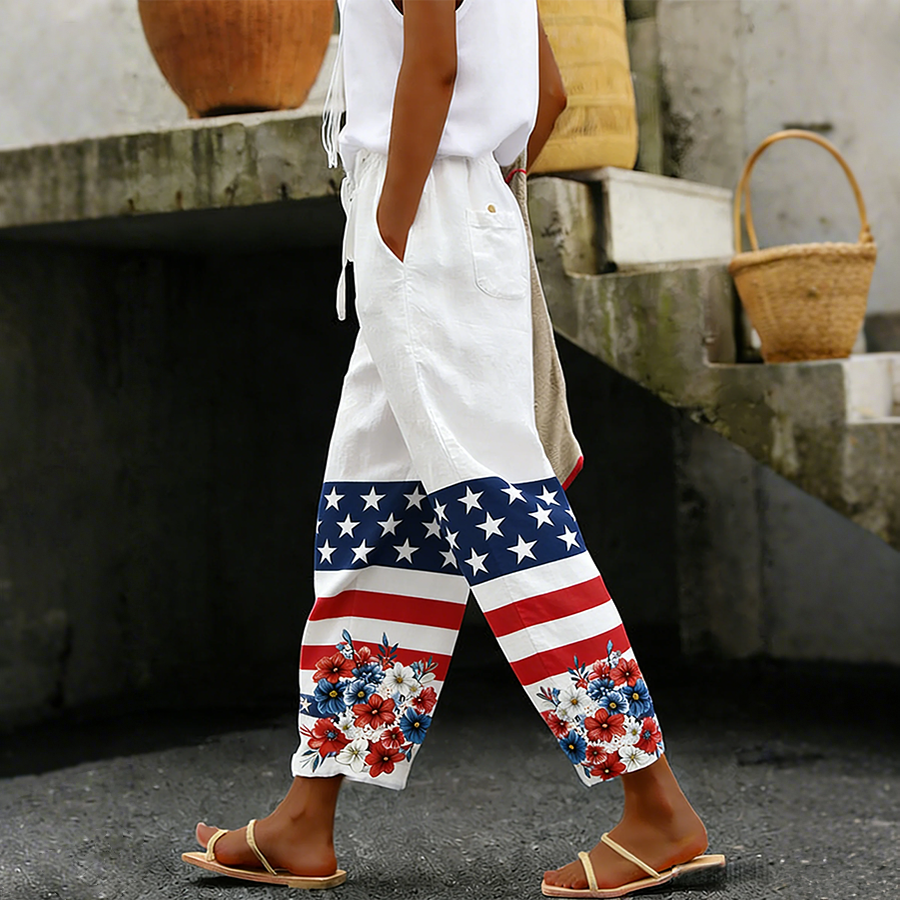 Women's Cotton Linen Botanical Floral Ankle-Length Casual Pants