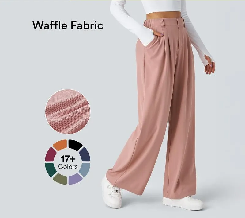 High Waisted Plicated Side Pocket Wide Waffle Work Pants
