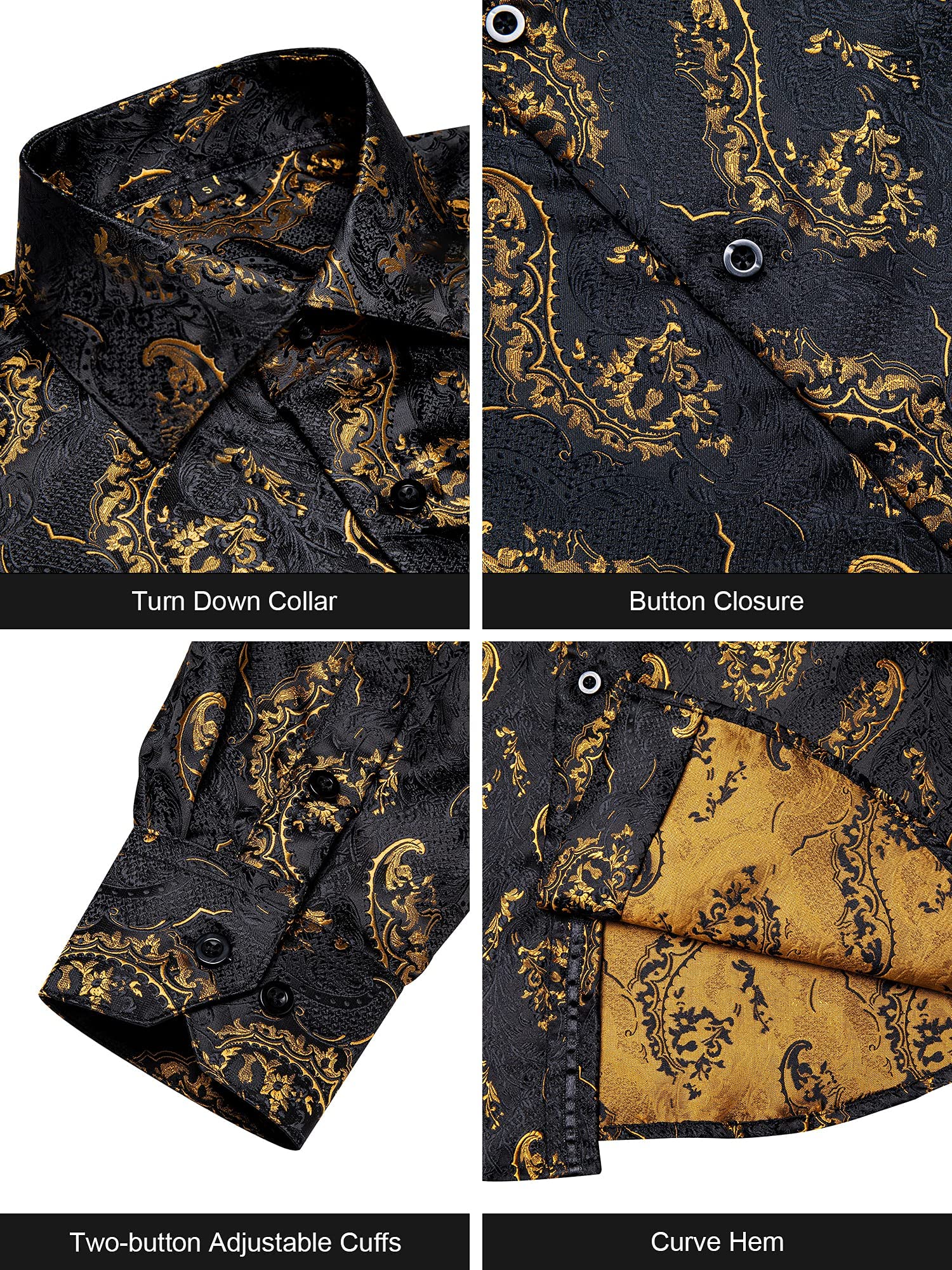 Men's Paisley Dress Shirt Long Sleeve Wrinkle Free Button Down Cowboy Shirts - Black&gold&paisley