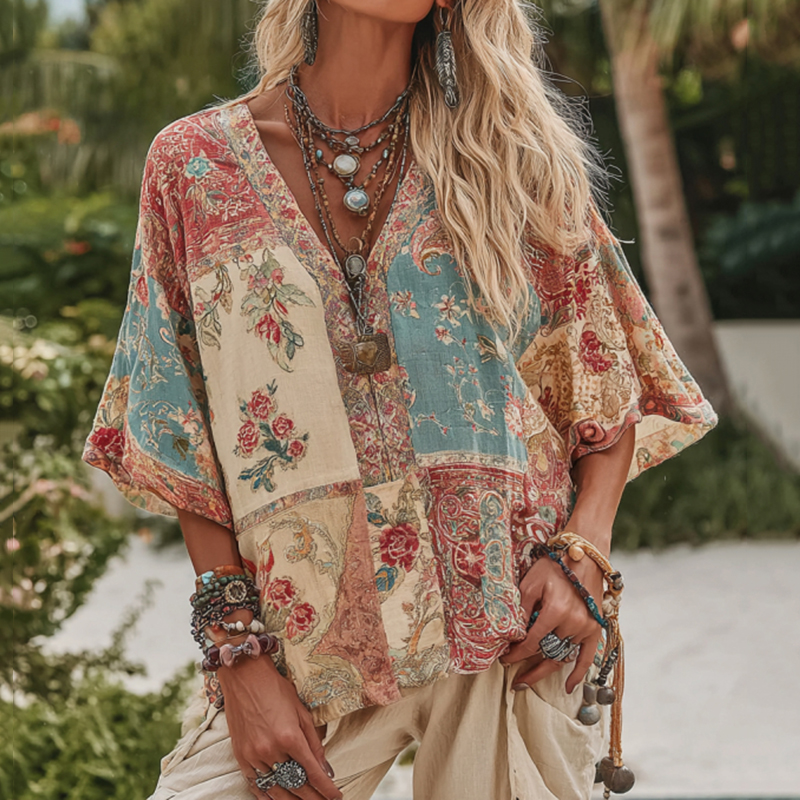 Women's V Neck Boho Floral Art Casual Shirt