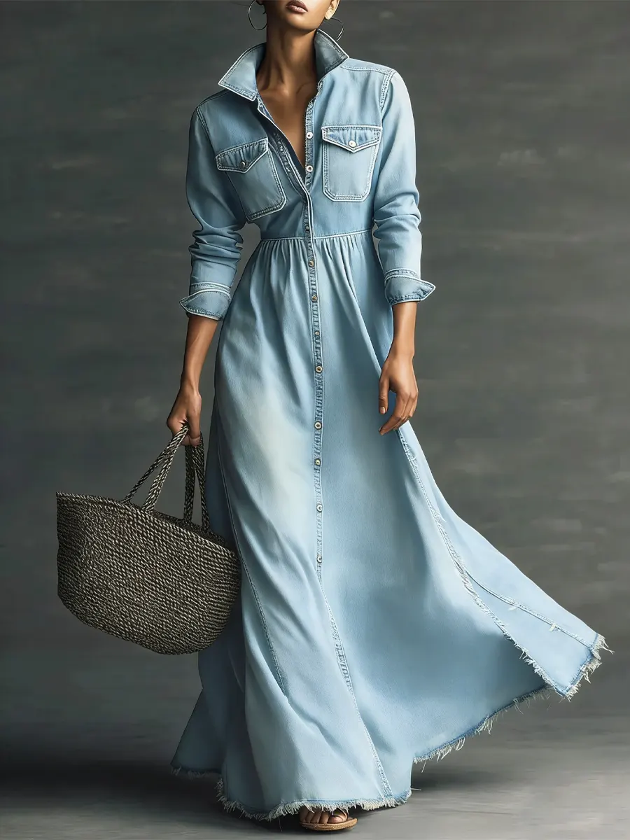 Women Stylish Art Stand Collar Washed Denim Midi Dress