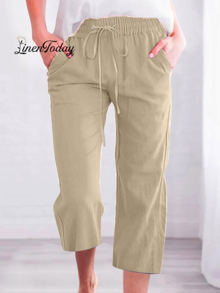 Women's Casual Summer Linen Pants High Waisted Loose Yoga Sweatpants Crop Pants with Pockets