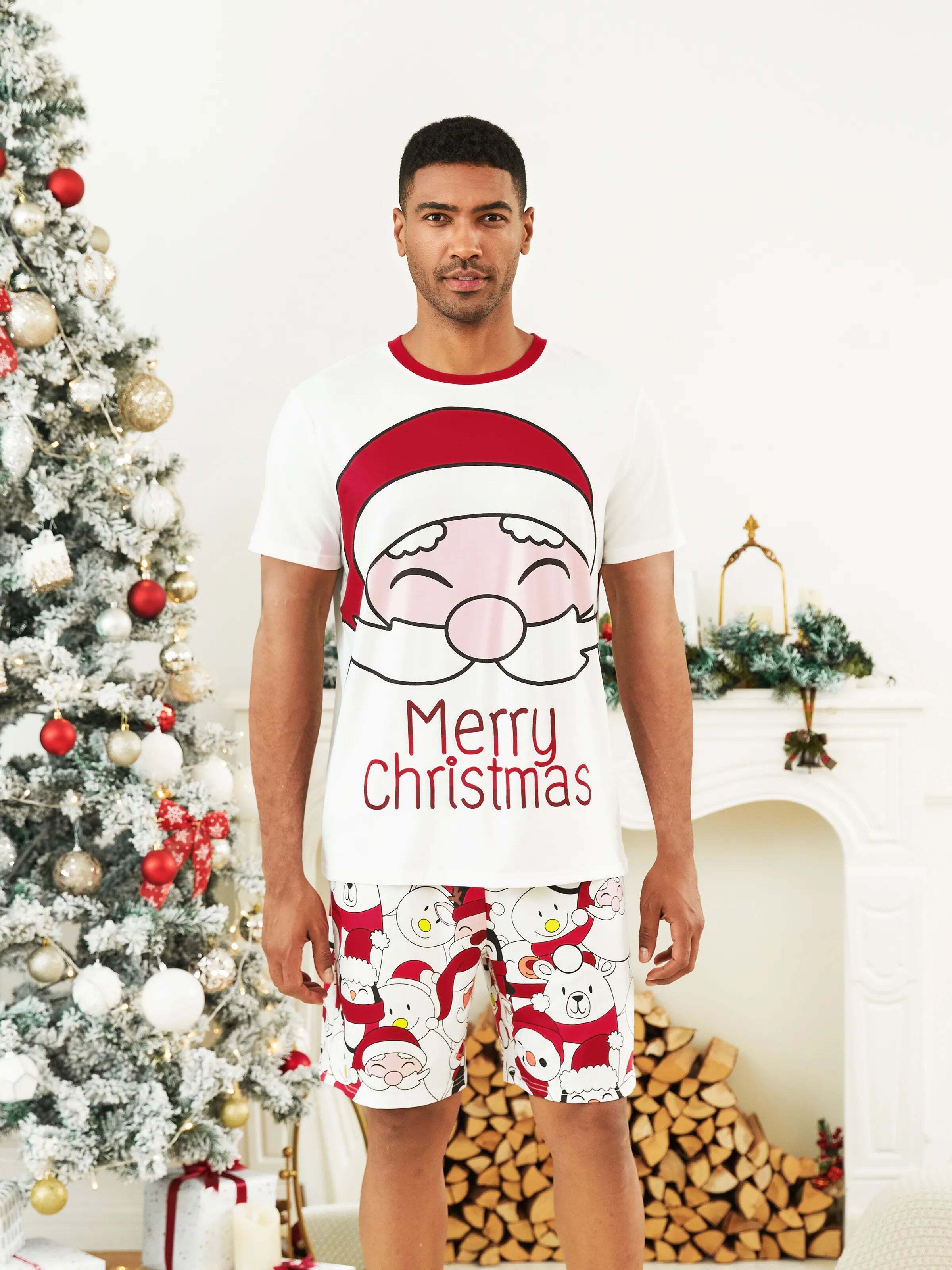 Christmas Santa and Snowman Print Family Matching Short-sleeve Tops and Shorts Pajamas Sets White