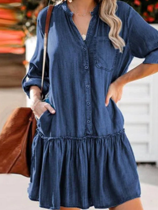 V-Neck Stitching Loose-Breasted Denim Midi Skirt
