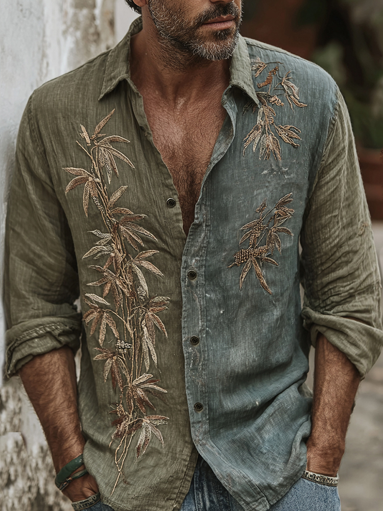 Men's Vintage Bamboo Embroidery Art Contrast Color Long Sleeve Shirt