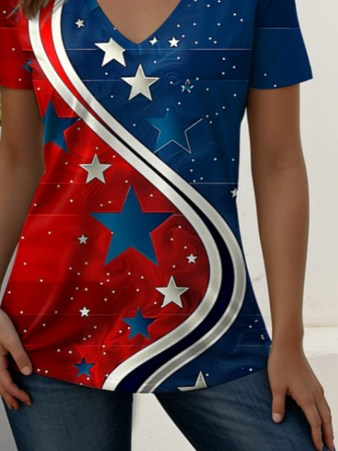 Women's Short Sleeve T-shirt Summer As Picture Star Printing V Neck Holiday Going Out Vintage Top