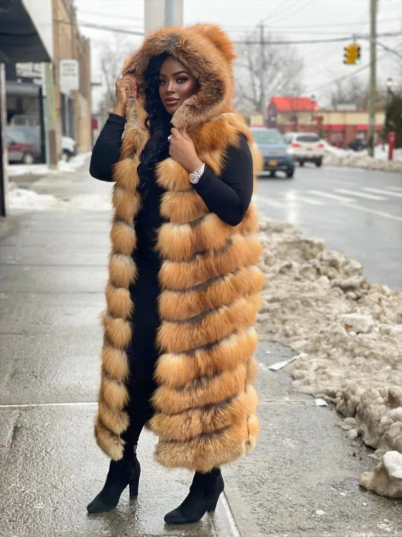Long Red Fox Fur Vest With Hood（✔️Free shipping）