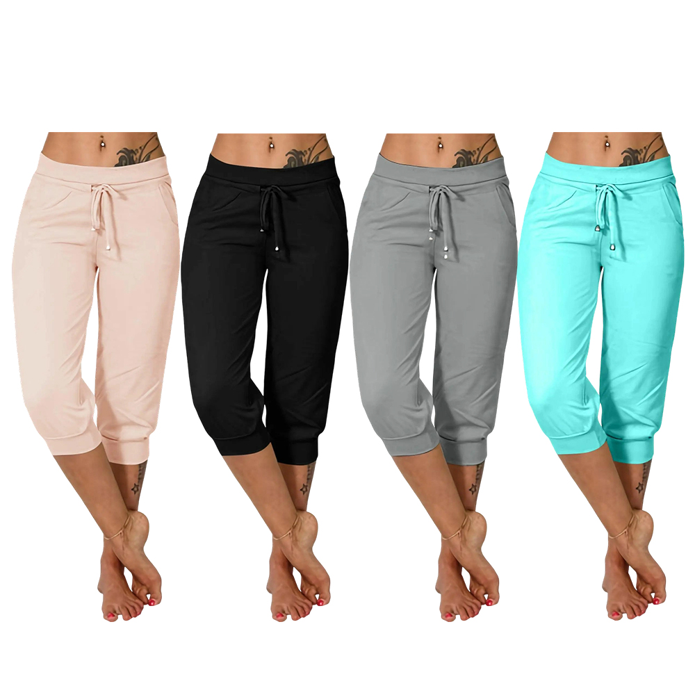 Women's Plain Drawstring Waist Capris Pants, Casual Pocket Trousers for Daily Wear