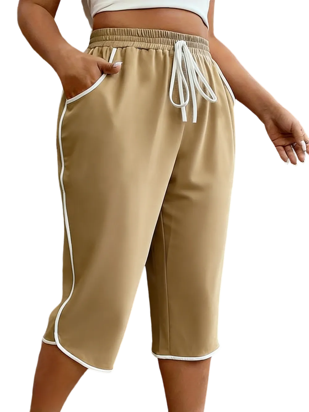 Women’s Plus Size Color Block Drawstring Capri Sports Pants