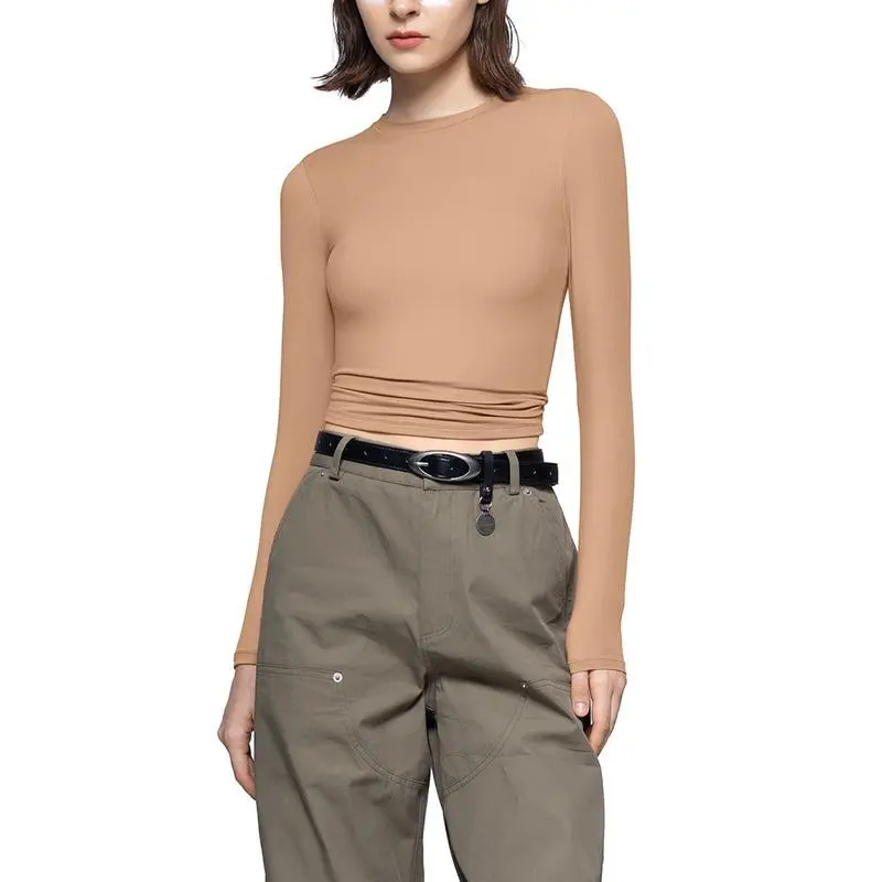 Long Sleeve Basic Tee Women's Crew Neck Slim Fit Tops Streetwear Minimalist Double Layer Compression Tee