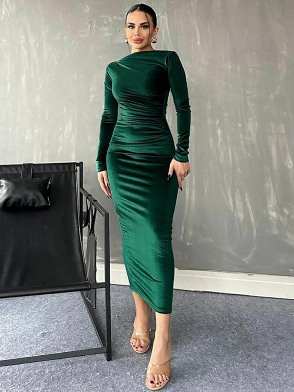 Pleated Round Neck Long Sleeve Bodycon Midi Dress