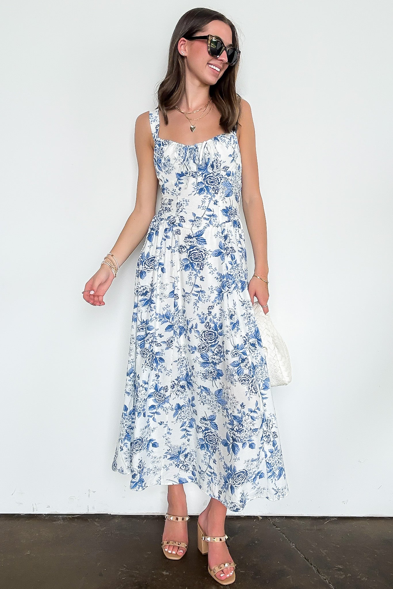 Rose Print Sleeveless Corset Detail Midi Dress