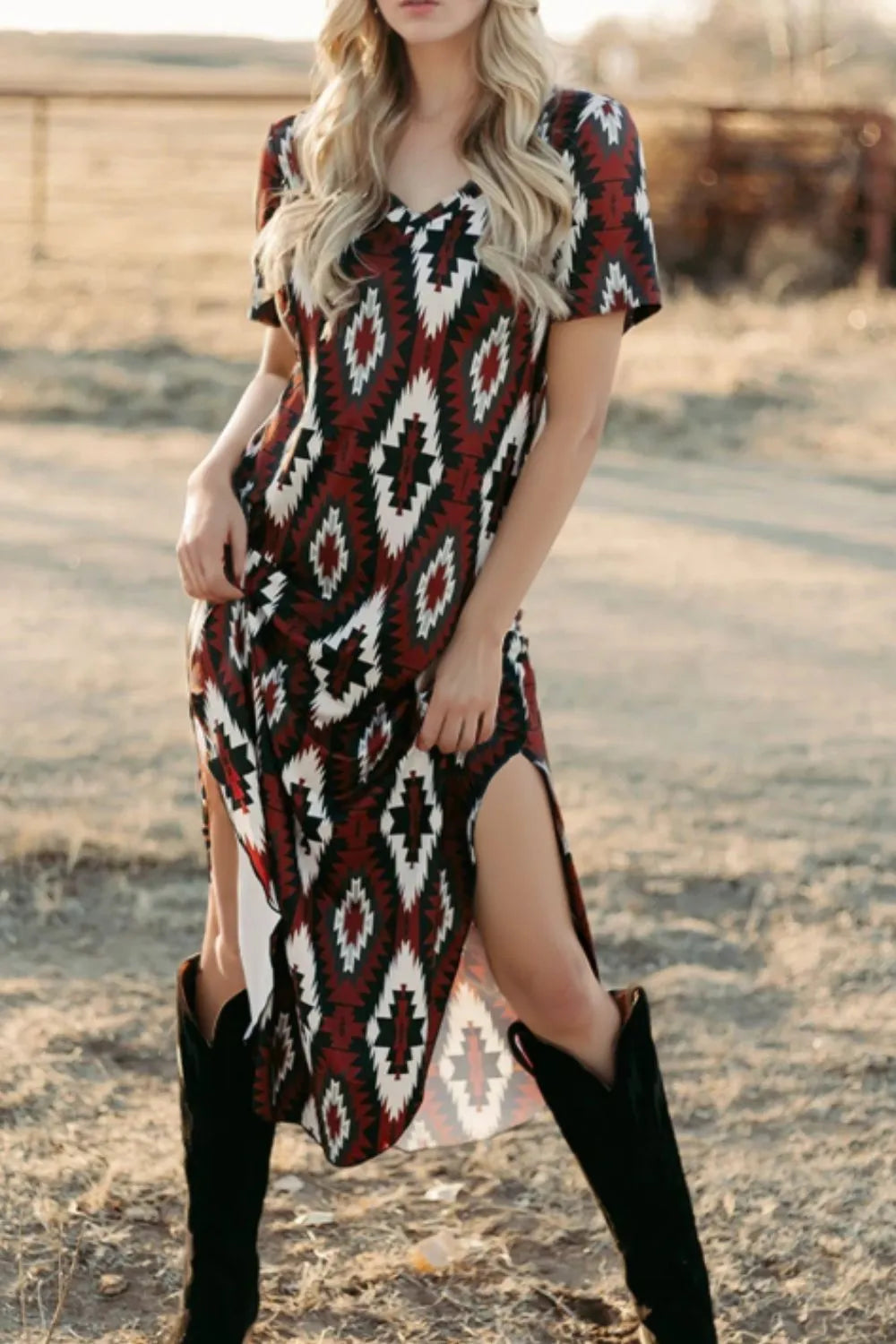 Aztec Print V-Neck Midi Dress
