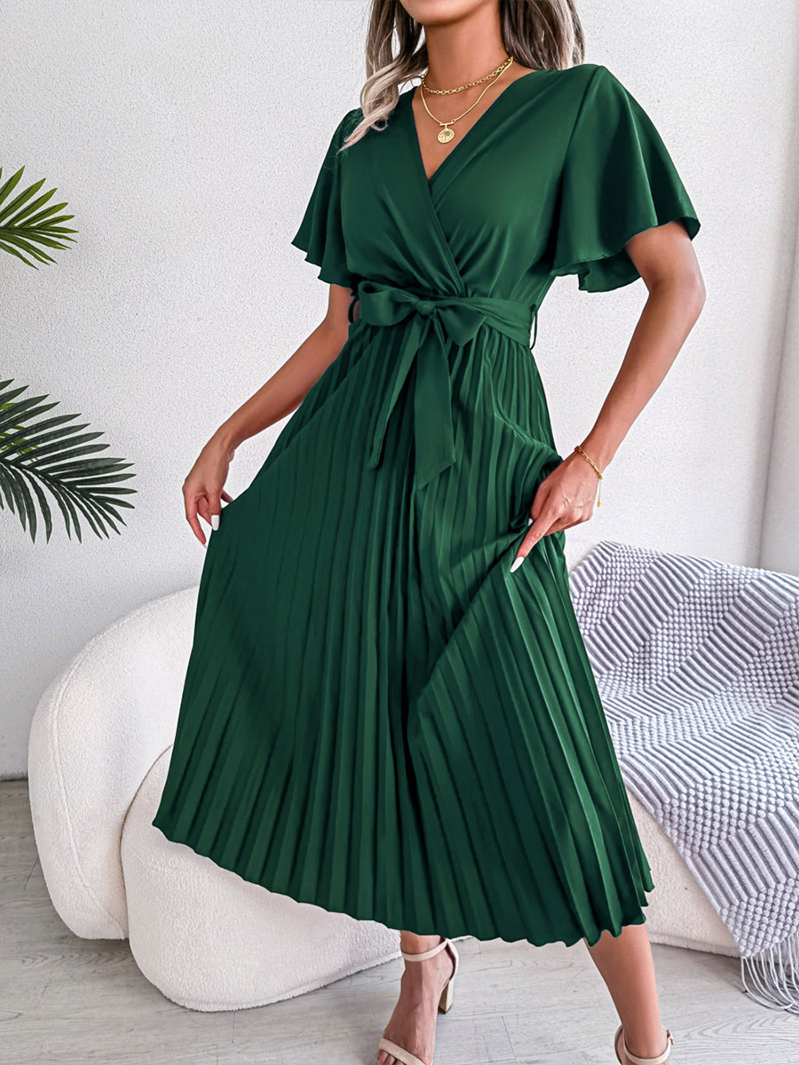 Women's Casual Cross V-neck Ruffled Pleated Dress