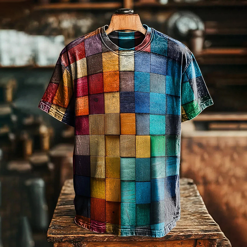 Vintage Colorful Geometric Blocks Art Print Casual Loose T-shirt