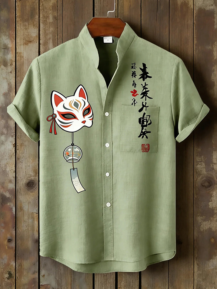 Men's Calligraphy Masks Japanese Art Print Short Sleeve Shirt